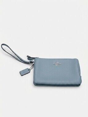 Coach Dusty Blue Pebbled Leather Double Corner Zip Wristlet Card Holder